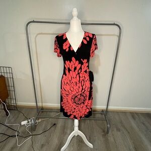 Olivia Matthews Black and Coral Floral Midi Dress